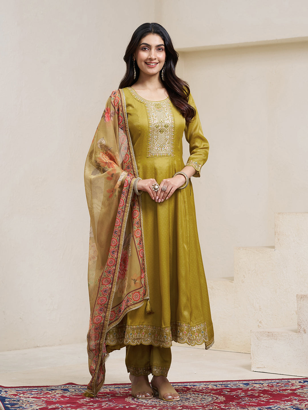 Mustard Yellow Silk Blend Zari Sequence Thread Embroidery With Mirror Work Kurta With Pant And Dupatta
