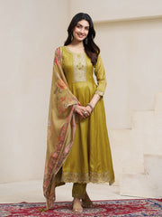 Mustard Yellow Silk Blend Zari Sequence Thread Embroidery With Mirror Work Kurta With Pant And Dupatta