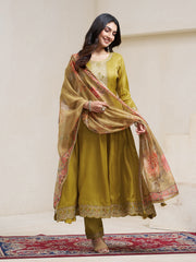 Mustard Yellow Silk Blend Zari Sequence Thread Embroidery With Mirror Work Kurta With Pant And Dupatta