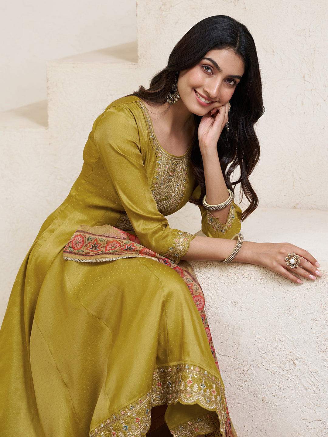 Mustard Yellow Silk Blend Zari Sequence Thread Embroidery With Mirror Work Kurta With Pant And Dupatta