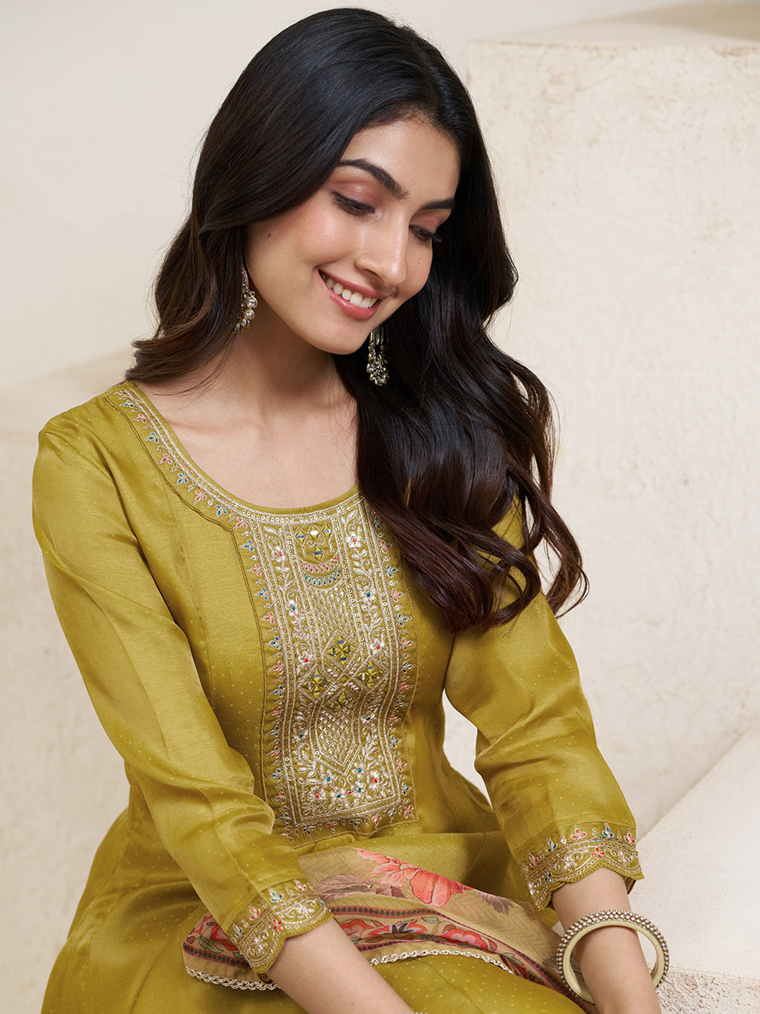 Mustard Yellow Silk Blend Zari Sequence Thread Embroidery With Mirror Work Kurta With Pant And Dupatta