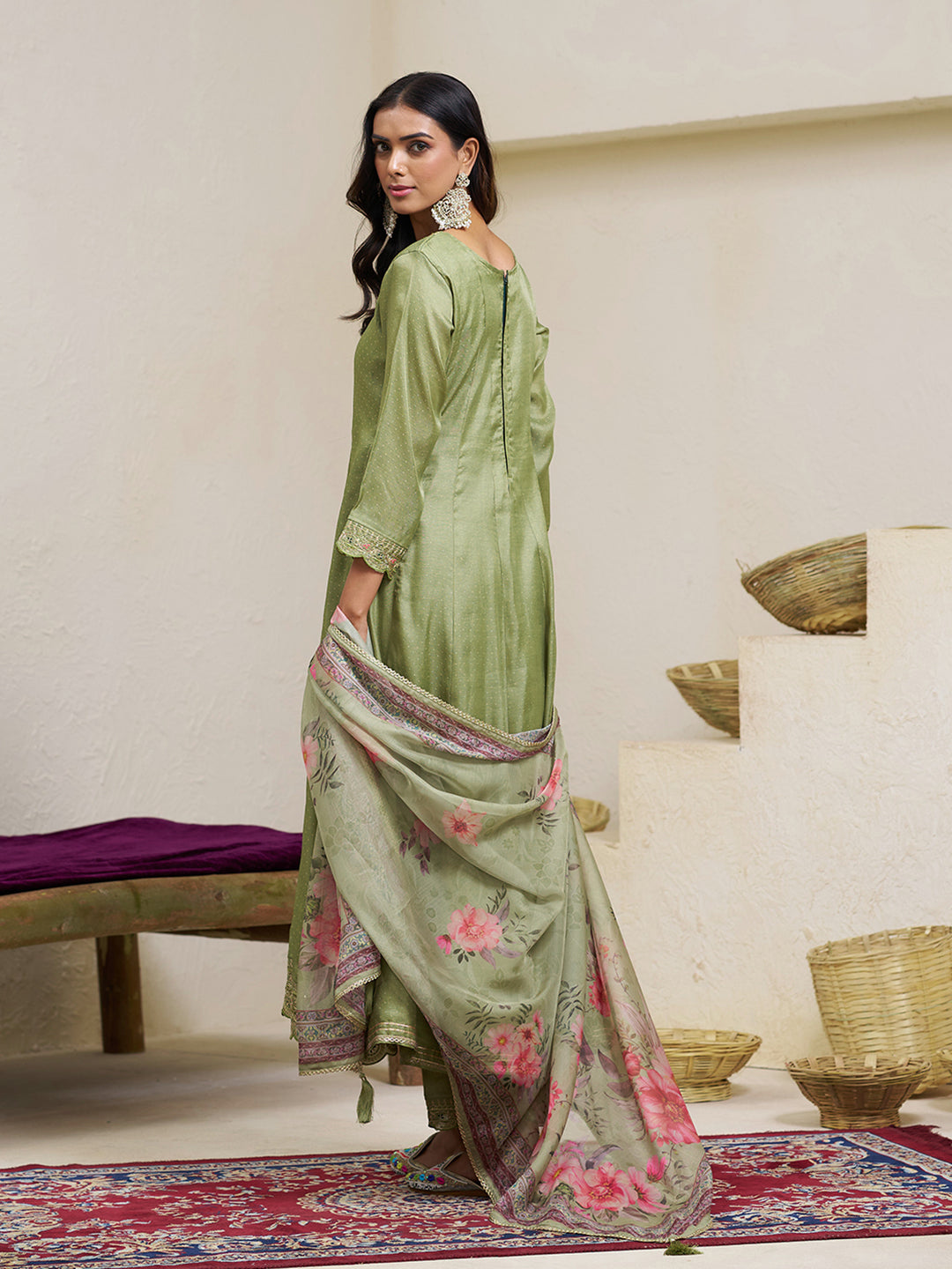 Olive Green Silk Blend Zari Sequence Thread Embroidery With Mirror Work Kurta With Pant And Dupatta