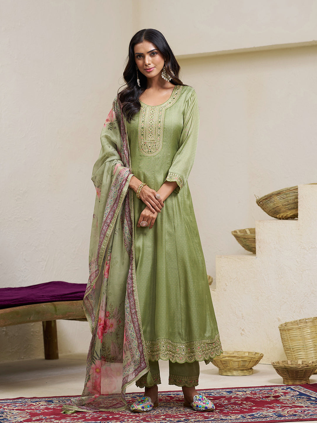 Olive Green Silk Blend Zari Sequence Thread Embroidery With Mirror Work Kurta With Pant And Dupatta