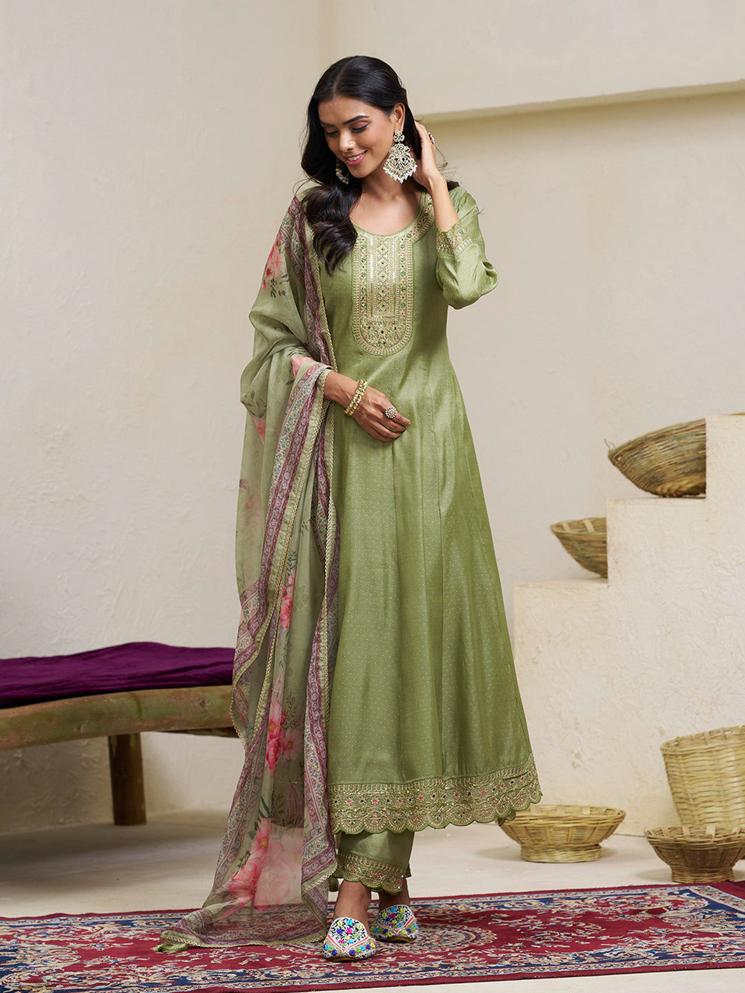 Olive Green Silk Blend Zari Sequence Thread Embroidery With Mirror Work Kurta With Pant And Dupatta