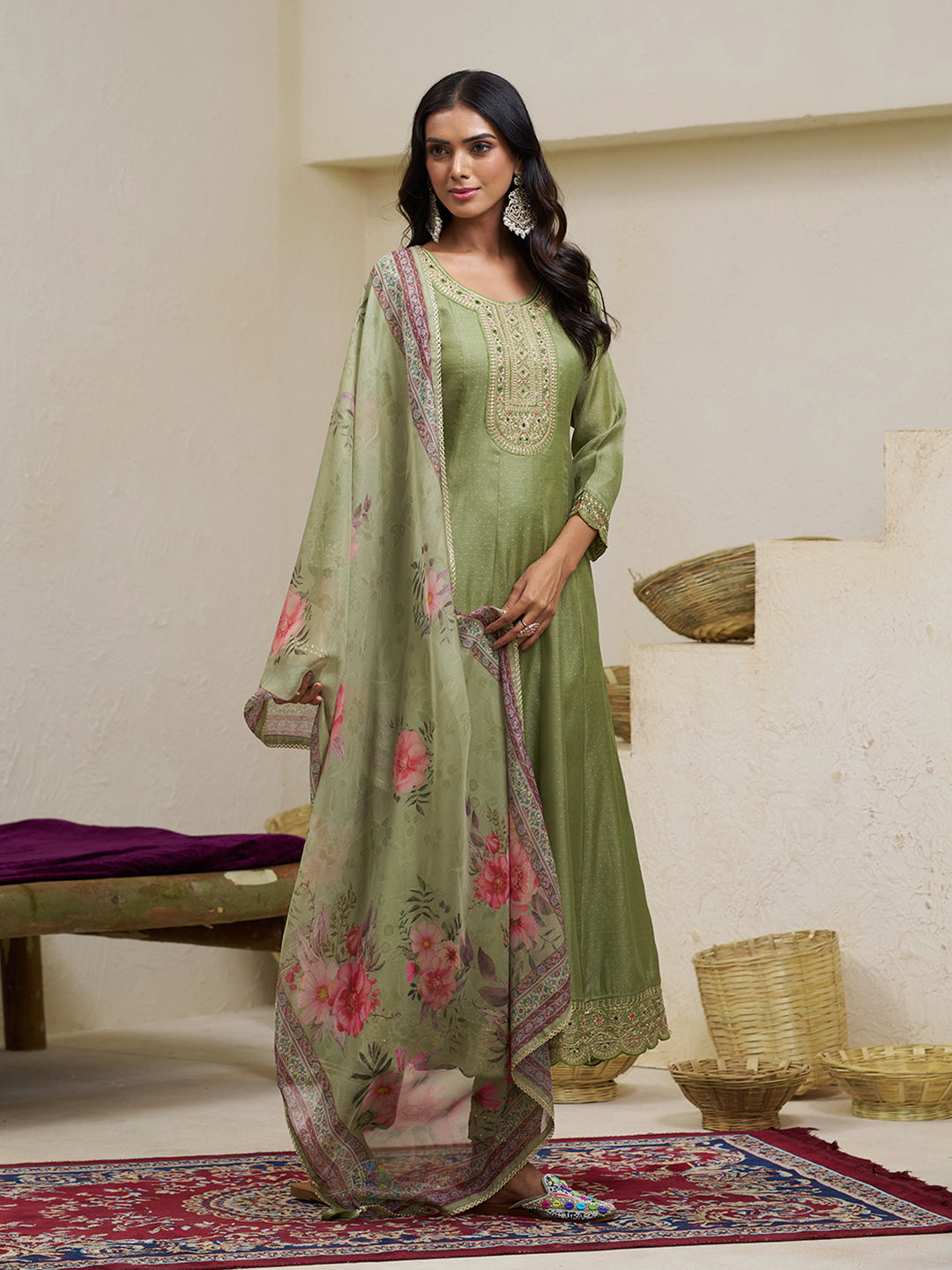 Olive Green Silk Blend Zari Sequence Thread Embroidery With Mirror Work Kurta With Pant And Dupatta