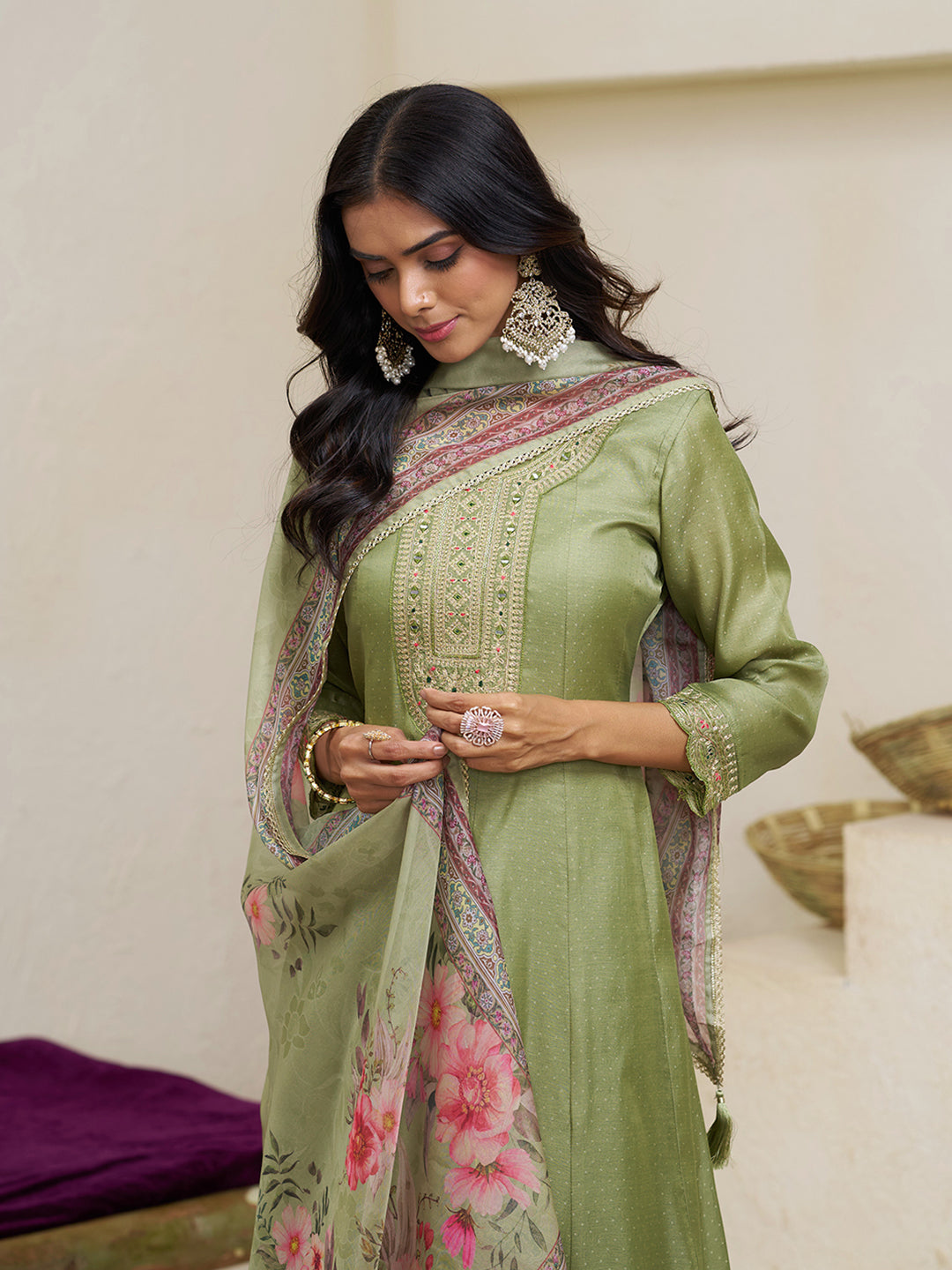 Olive Green Silk Blend Zari Sequence Thread Embroidery With Mirror Work Kurta With Pant And Dupatta