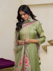 Olive Green Silk Blend Zari Sequence Thread Embroidery With Mirror Work Kurta With Pant And Dupatta