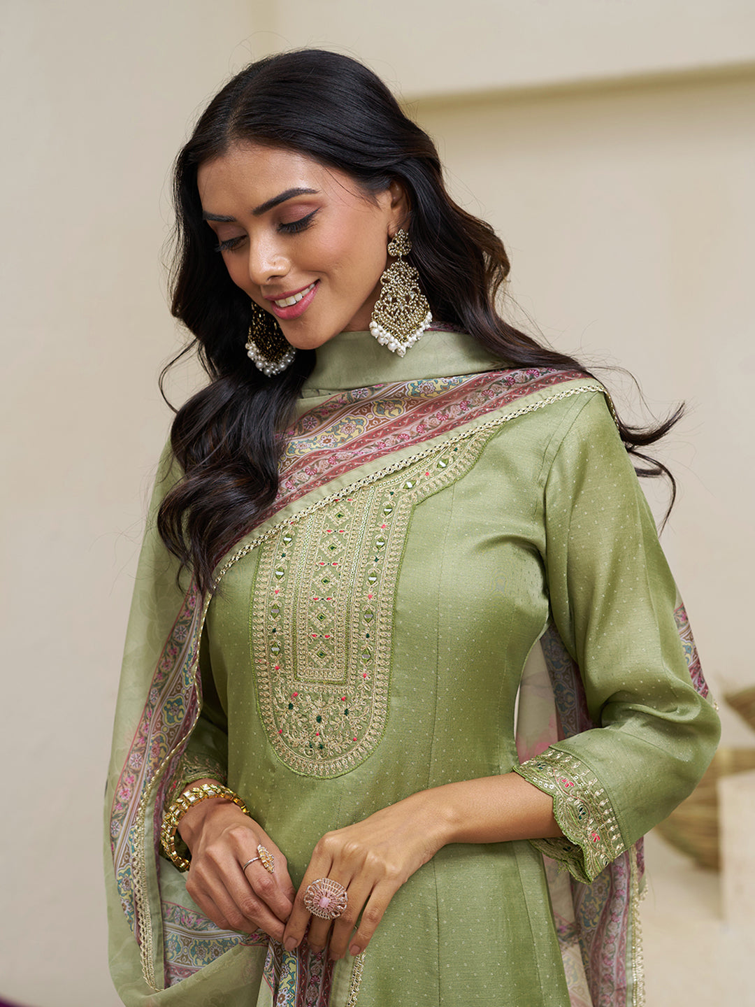 Olive Green Silk Blend Zari Sequence Thread Embroidery With Mirror Work Kurta With Pant And Dupatta