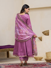 Magenta Pink Silk Blend Zari Sequence Thread Embroidery With Mirror Work Kurta With Pant And Dupatta