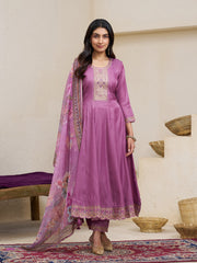 Magenta Pink Silk Blend Zari Sequence Thread Embroidery With Mirror Work Kurta With Pant And Dupatta