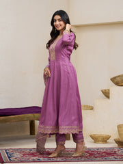 Magenta Pink Silk Blend Zari Sequence Thread Embroidery With Mirror Work Kurta With Pant And Dupatta