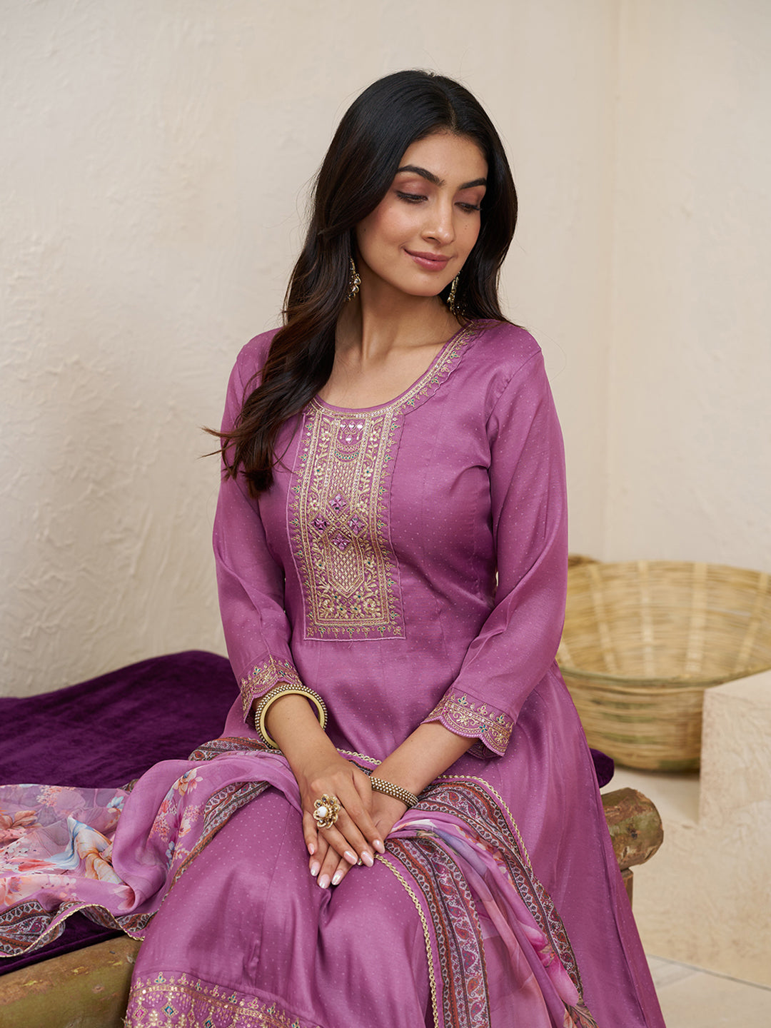 Magenta Pink Silk Blend Zari Sequence Thread Embroidery With Mirror Work Kurta With Pant And Dupatta