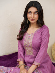 Magenta Pink Silk Blend Zari Sequence Thread Embroidery With Mirror Work Kurta With Pant And Dupatta