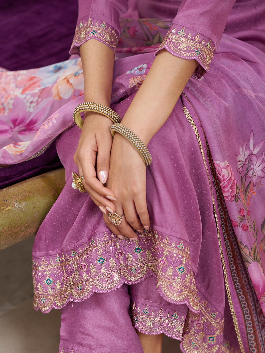 Magenta Pink Silk Blend Zari Sequence Thread Embroidery With Mirror Work Kurta With Pant And Dupatta