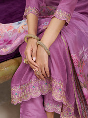 Magenta Pink Silk Blend Zari Sequence Thread Embroidery With Mirror Work Kurta With Pant And Dupatta