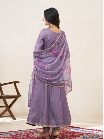 Lavender Silk Blend Zari Sequence Thread Embroidery With Mirror Work Kurta With Pant And Dupatta