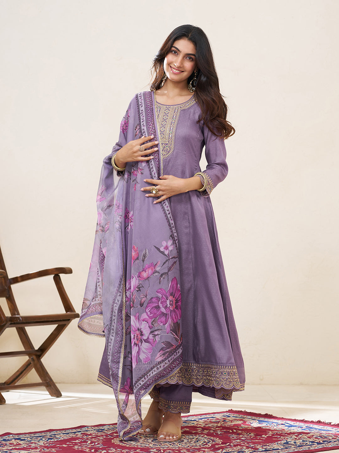 Lavender Silk Blend Zari Sequence Thread Embroidery With Mirror Work Kurta With Pant And Dupatta