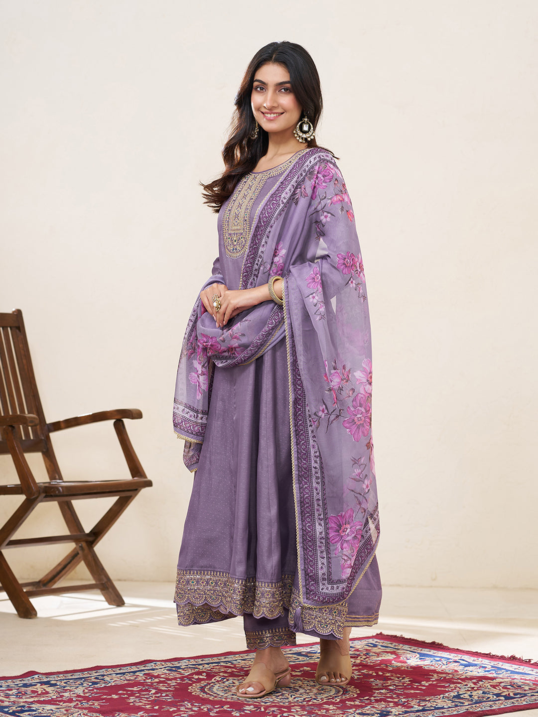 Lavender Silk Blend Zari Sequence Thread Embroidery With Mirror Work Kurta With Pant And Dupatta