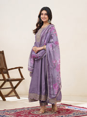 Lavender Silk Blend Zari Sequence Thread Embroidery With Mirror Work Kurta With Pant And Dupatta