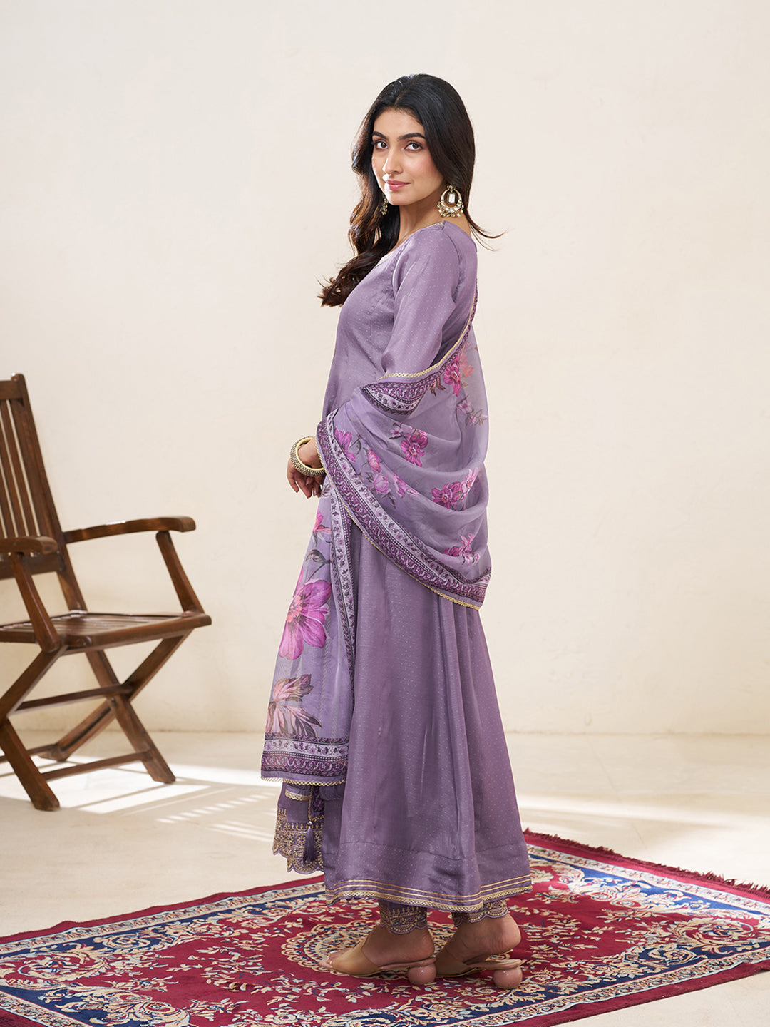 Lavender Silk Blend Zari Sequence Thread Embroidery With Mirror Work Kurta With Pant And Dupatta