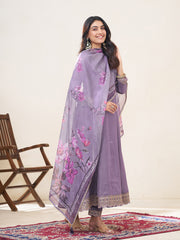 Lavender Silk Blend Zari Sequence Thread Embroidery With Mirror Work Kurta With Pant And Dupatta