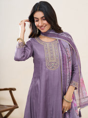 Lavender Silk Blend Zari Sequence Thread Embroidery With Mirror Work Kurta With Pant And Dupatta