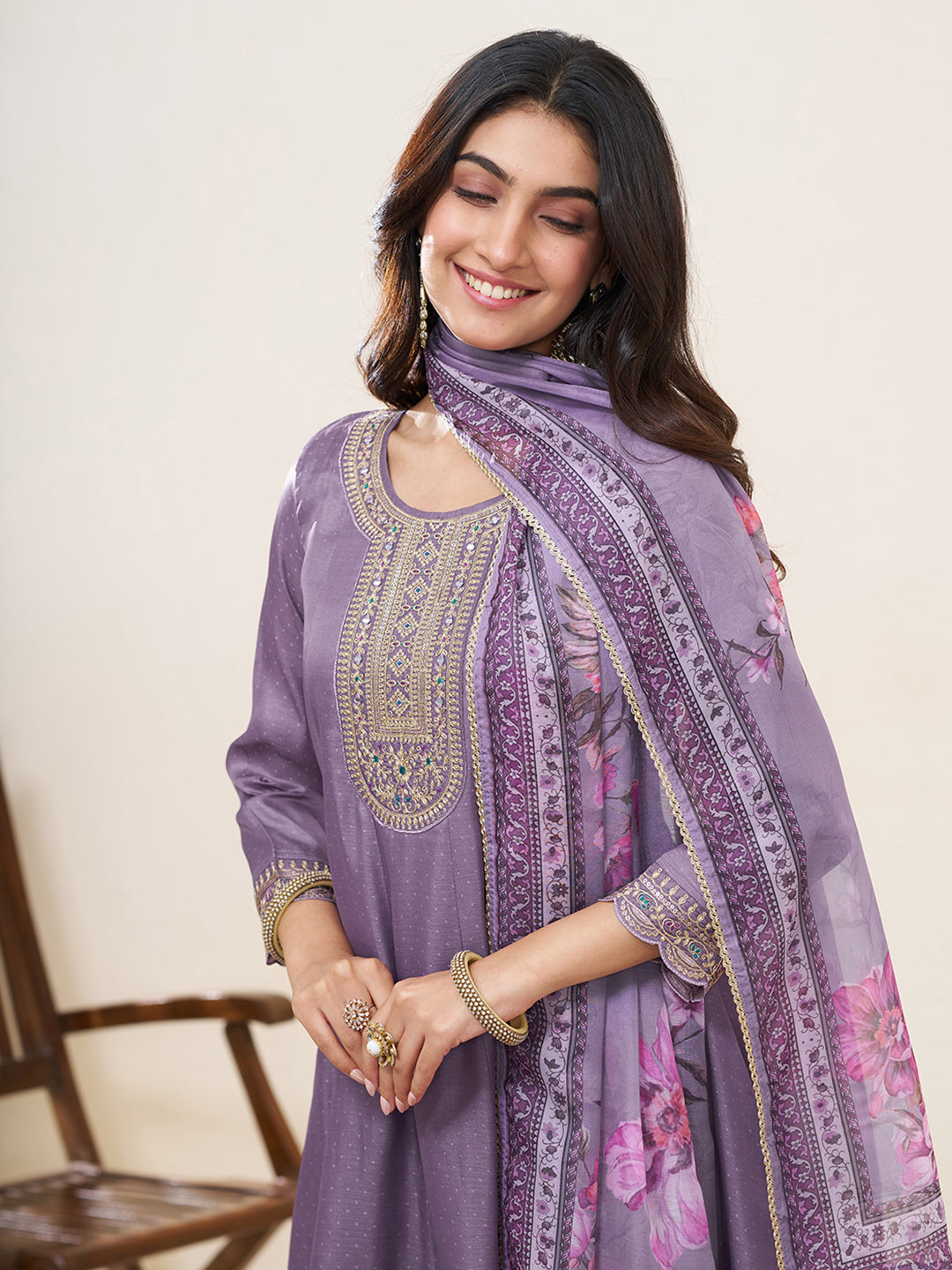 Lavender Silk Blend Zari Sequence Thread Embroidery With Mirror Work Kurta With Pant And Dupatta