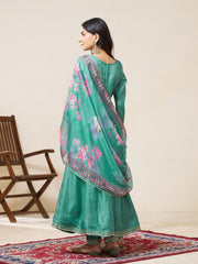 Teal Blue Silk Blend Zari Sequence Thread Embroidery With Mirror Work Kurta With Pant And Dupatta