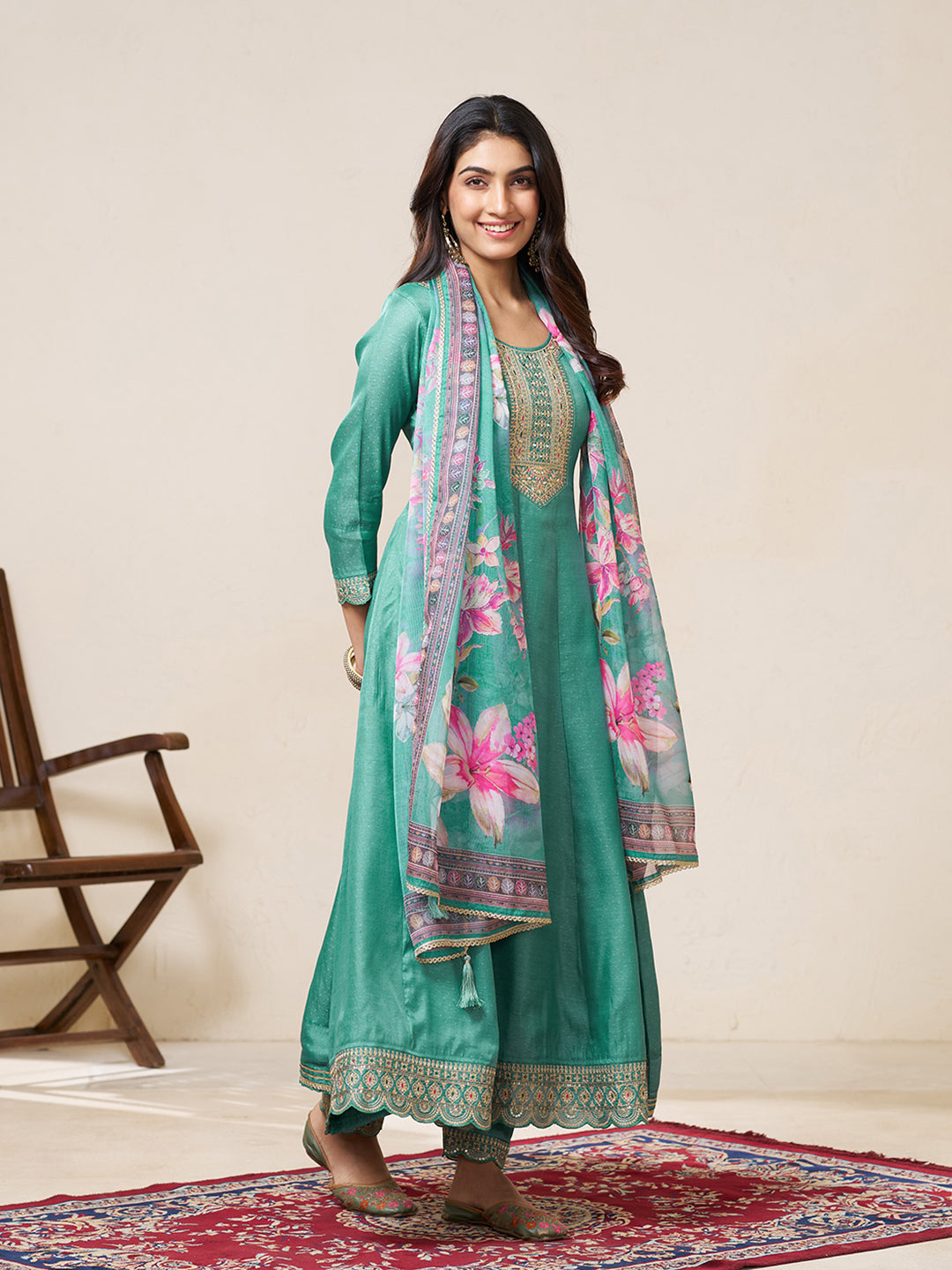 Teal Blue Silk Blend Zari Sequence Thread Embroidery With Mirror Work Kurta With Pant And Dupatta