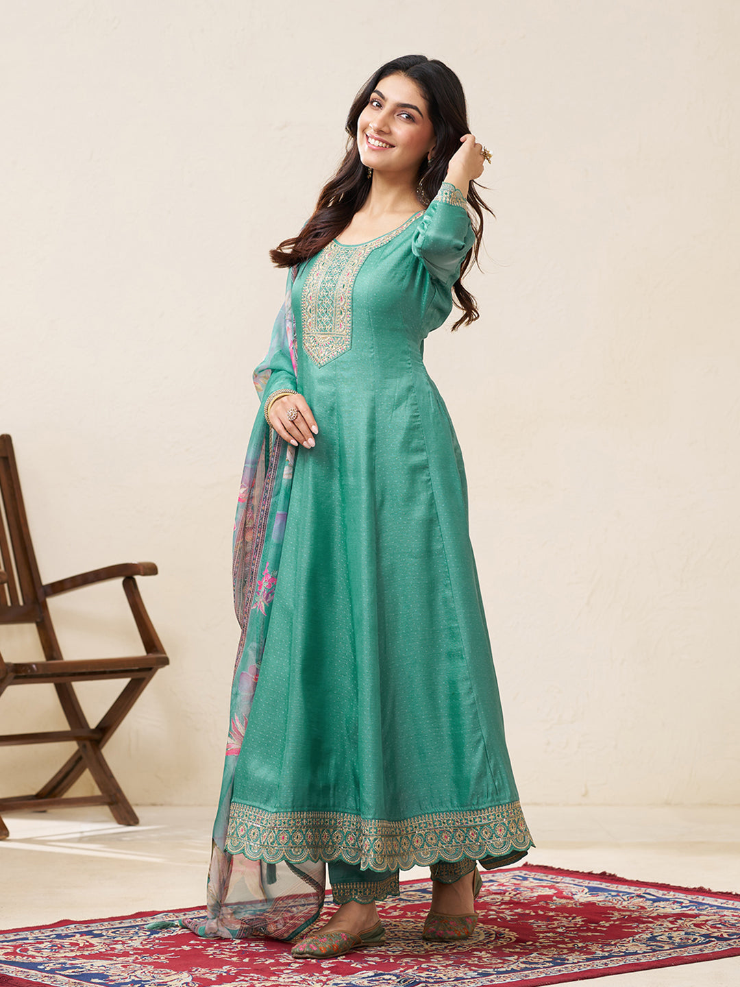 Teal Blue Silk Blend Zari Sequence Thread Embroidery With Mirror Work Kurta With Pant And Dupatta