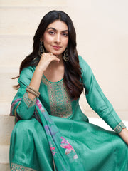 Teal Blue Silk Blend Zari Sequence Thread Embroidery With Mirror Work Kurta With Pant And Dupatta