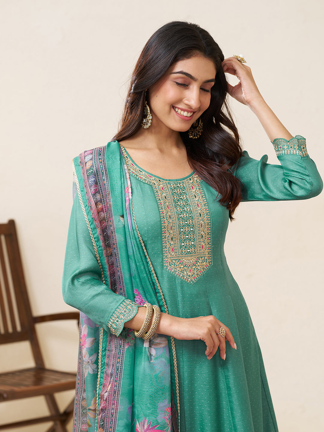 Teal Blue Silk Blend Zari Sequence Thread Embroidery With Mirror Work Kurta With Pant And Dupatta