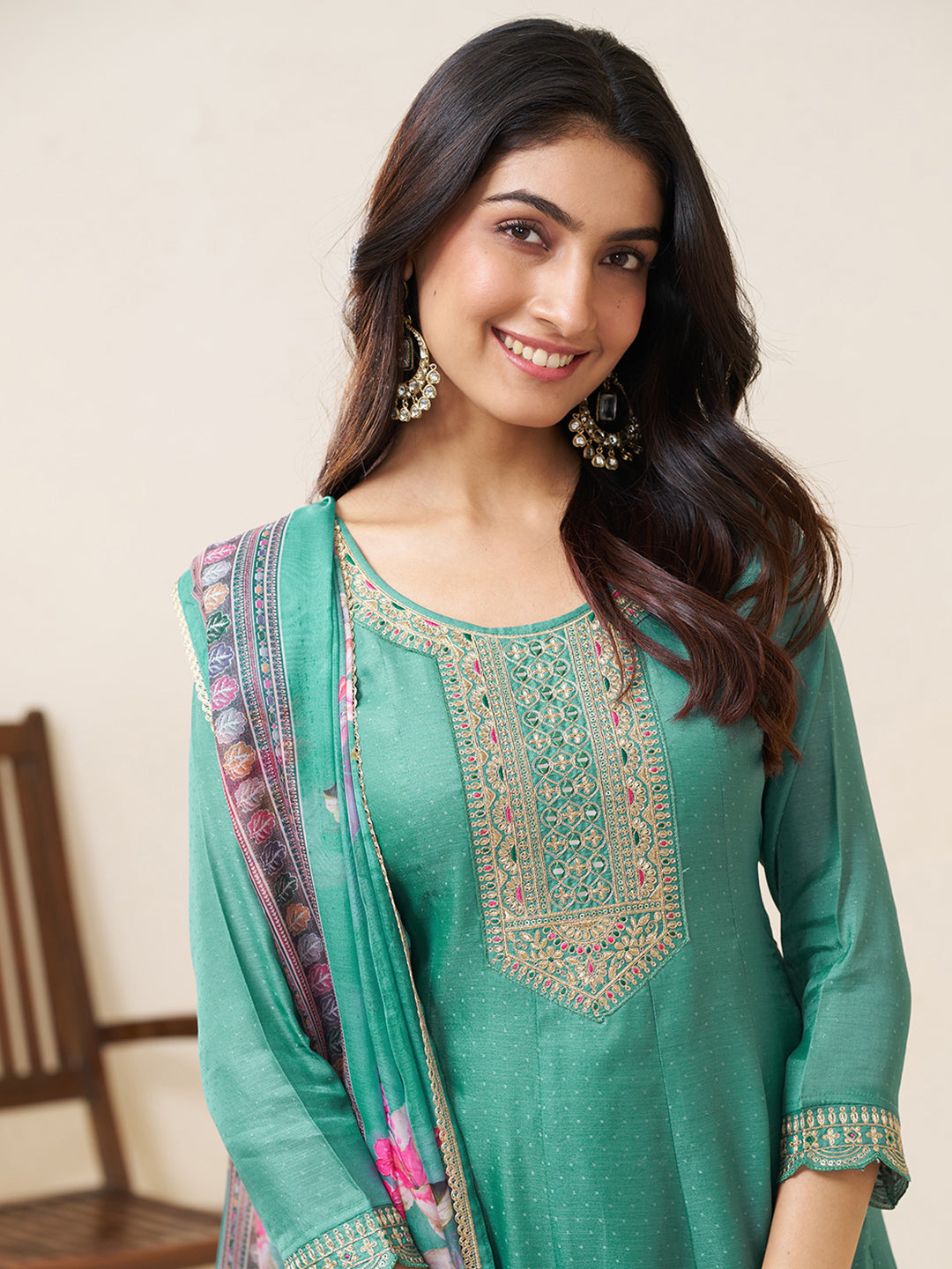 Teal Blue Silk Blend Zari Sequence Thread Embroidery With Mirror Work Kurta With Pant And Dupatta