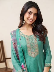 Teal Blue Silk Blend Zari Sequence Thread Embroidery With Mirror Work Kurta With Pant And Dupatta