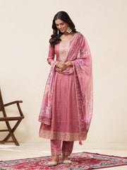 Mauve Pink Silk Blend Zari Sequence Thread Embroidery With Mirror Work Kurta With Pant And Dupatta