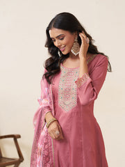 Mauve Pink Silk Blend Zari Sequence Thread Embroidery With Mirror Work Kurta With Pant And Dupatta