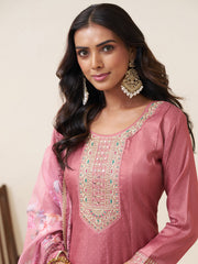 Mauve Pink Silk Blend Zari Sequence Thread Embroidery With Mirror Work Kurta With Pant And Dupatta