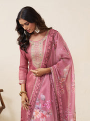 Mauve Pink Silk Blend Zari Sequence Thread Embroidery With Mirror Work Kurta With Pant And Dupatta