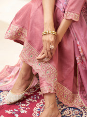 Mauve Pink Silk Blend Zari Sequence Thread Embroidery With Mirror Work Kurta With Pant And Dupatta