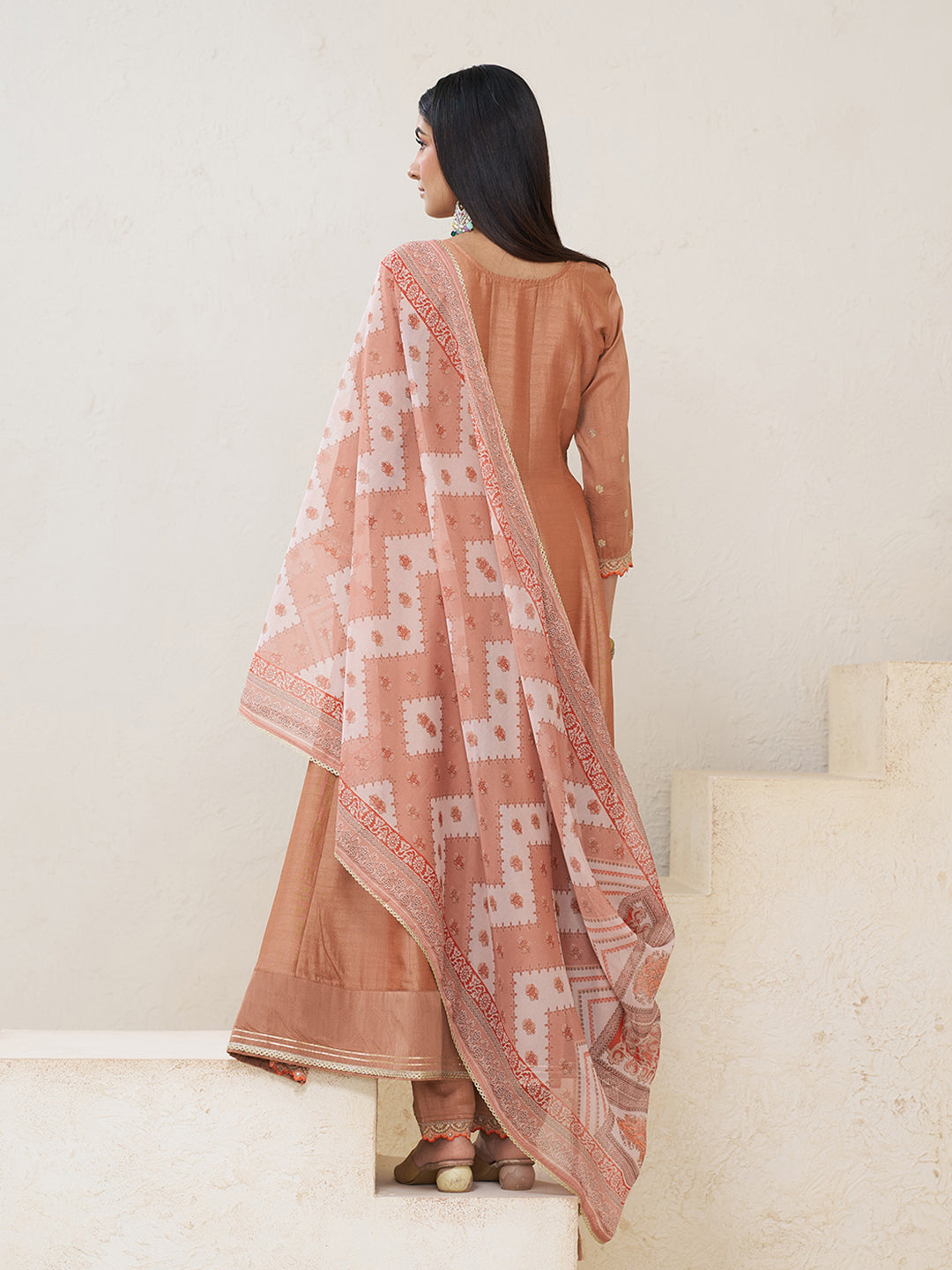 Soft Brown Silk Blend Zari Sequence Thread Embroidery With Mirror Work Kurta With Pant And Dupatta