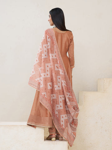 Soft Brown Silk Blend Zari Sequence Thread Embroidery With Mirror Work Kurta With Pant And Dupatta