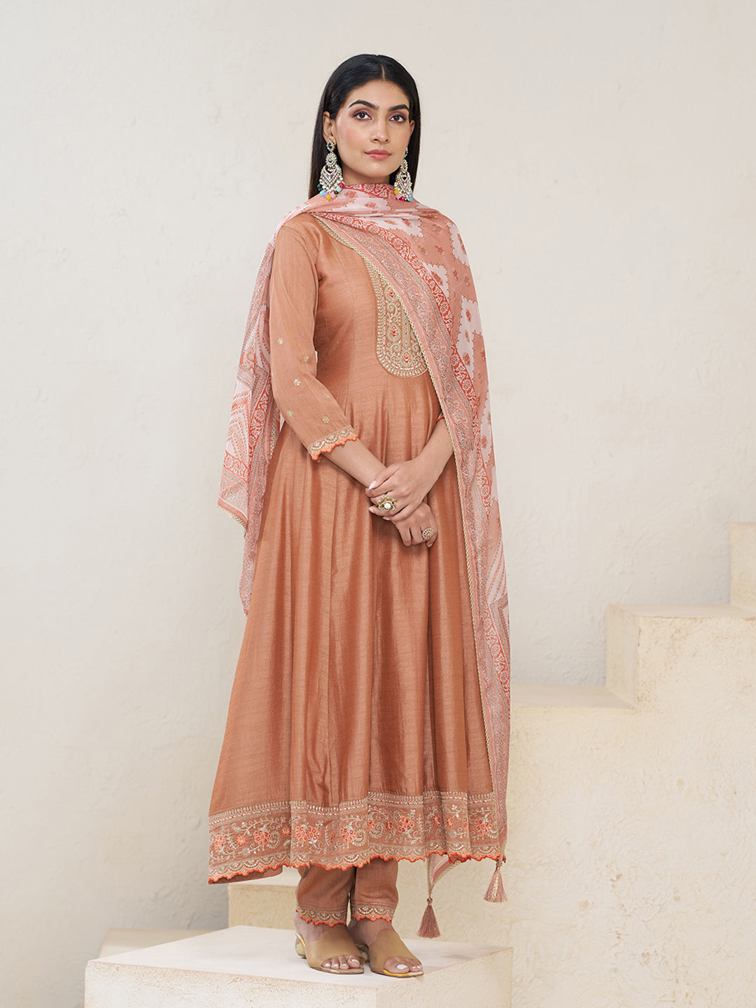 Soft Brown Silk Blend Zari Sequence Thread Embroidery With Mirror Work Kurta With Pant And Dupatta