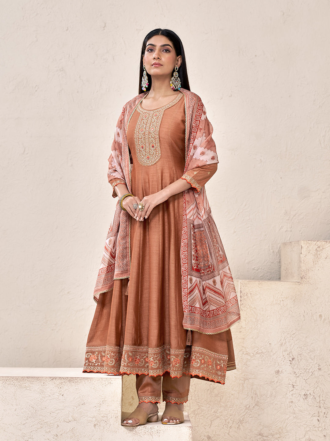 Soft Brown Silk Blend Zari Sequence Thread Embroidery With Mirror Work Kurta With Pant And Dupatta