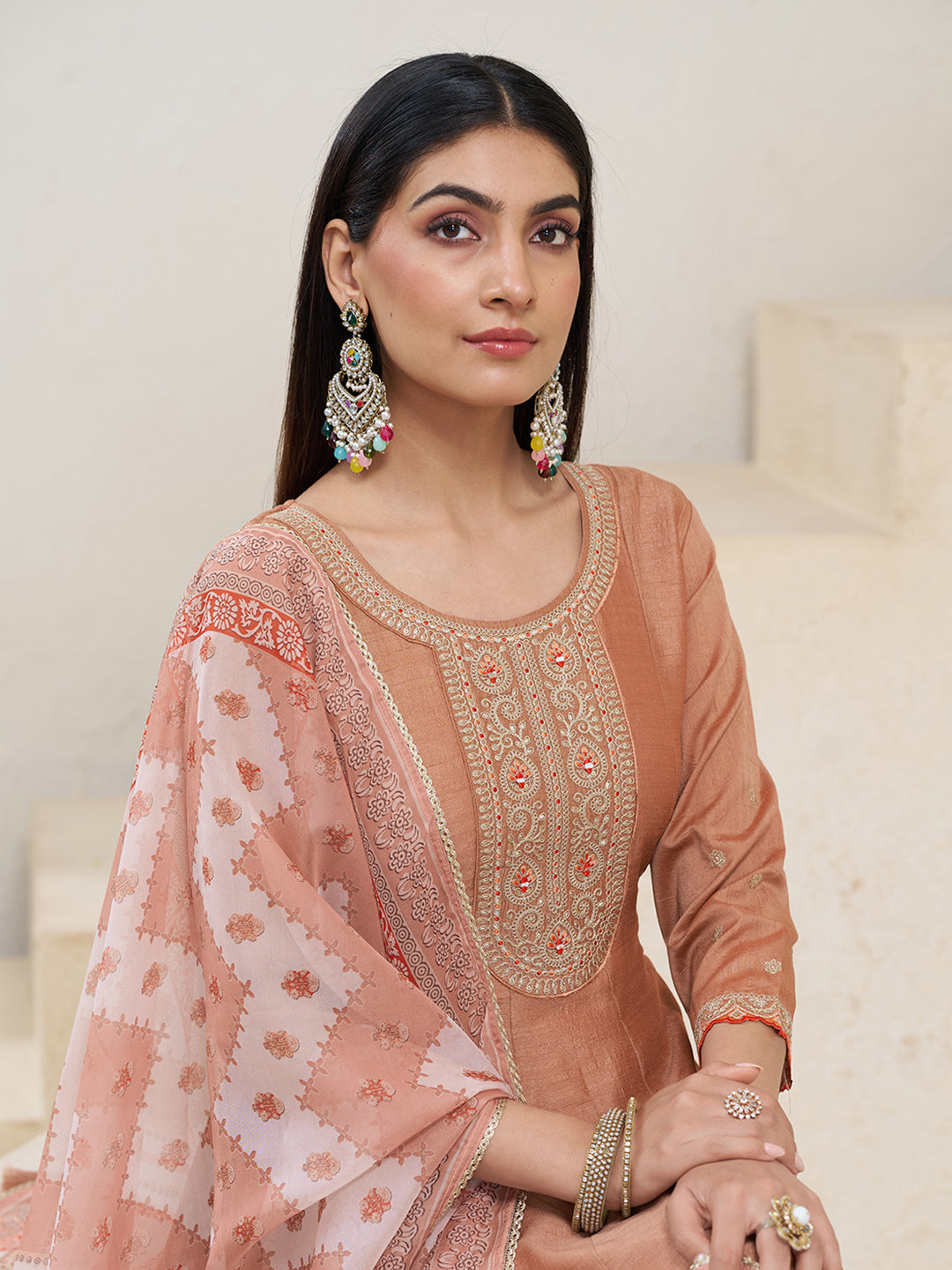 Soft Brown Silk Blend Zari Sequence Thread Embroidery With Mirror Work Kurta With Pant And Dupatta