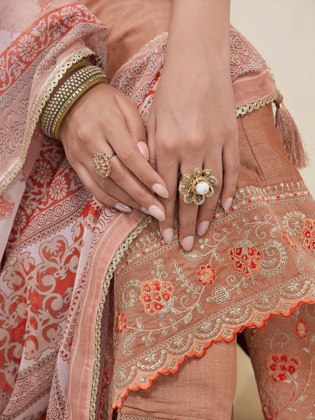 Soft Brown Silk Blend Zari Sequence Thread Embroidery With Mirror Work Kurta With Pant And Dupatta