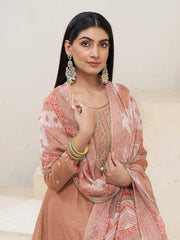 Soft Brown Silk Blend Zari Sequence Thread Embroidery With Mirror Work Kurta With Pant And Dupatta