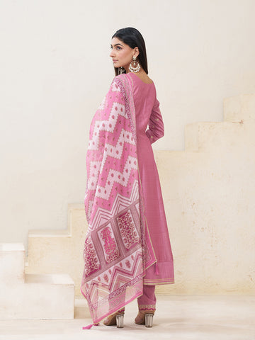 Rose Pink Silk Blend Zari Sequence Thread Embroidery With Mirror Work Kurta With Pant And Dupatta