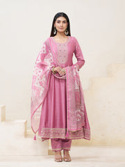 Rose Pink Silk Blend Zari Sequence Thread Embroidery With Mirror Work Kurta With Pant And Dupatta