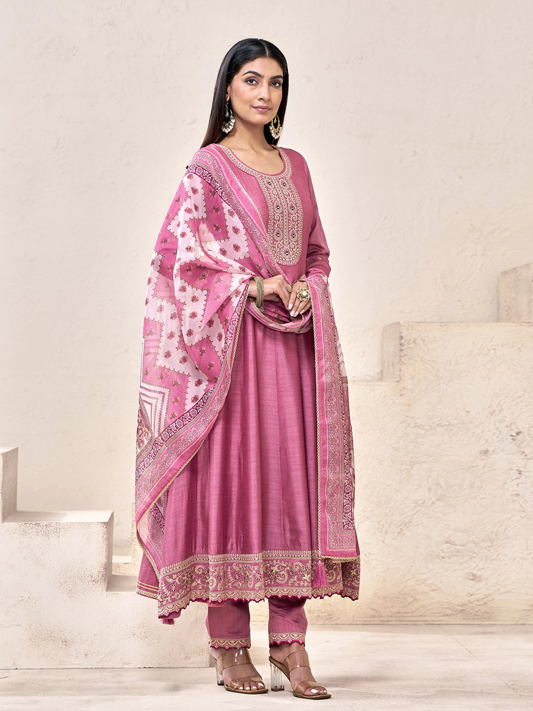 Rose Pink Silk Blend Zari Sequence Thread Embroidery With Mirror Work Kurta With Pant And Dupatta