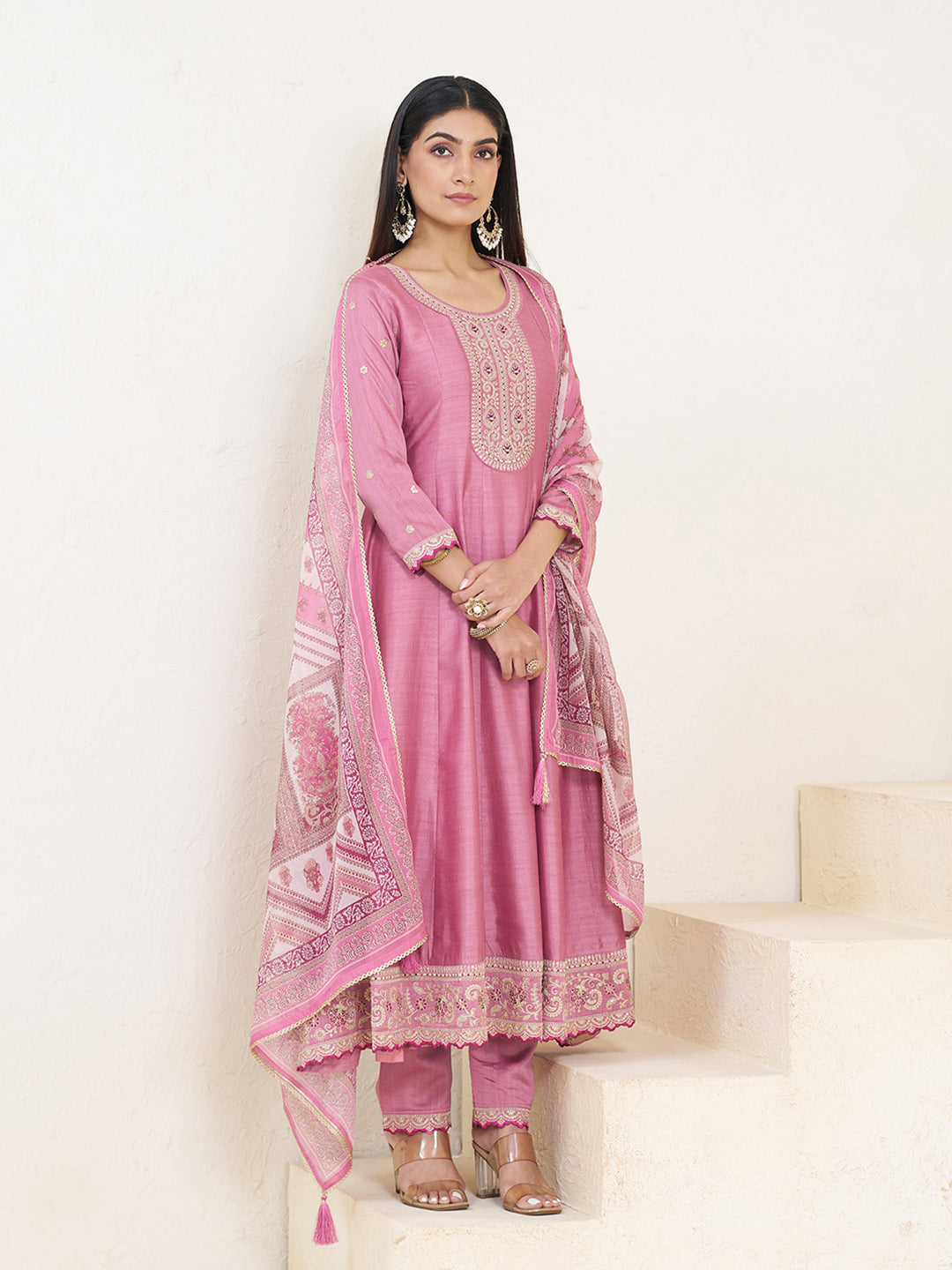 Rose Pink Silk Blend Zari Sequence Thread Embroidery With Mirror Work Kurta With Pant And Dupatta
